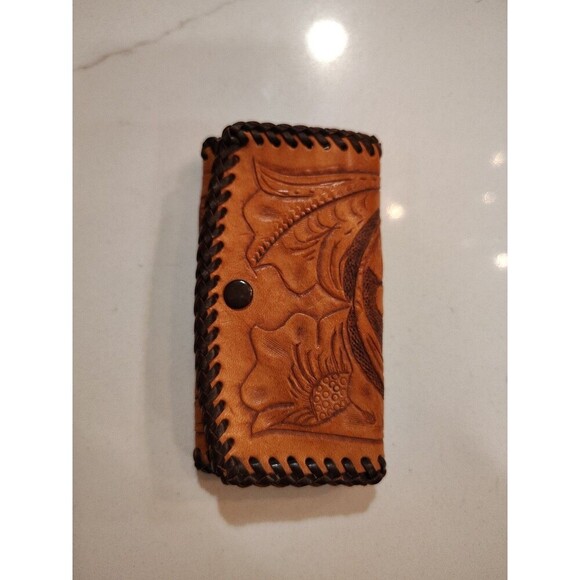 Vintage Hand Tooled Tan Leather Key Case Holder Laced Edges Snaps - Picture 2 of 11